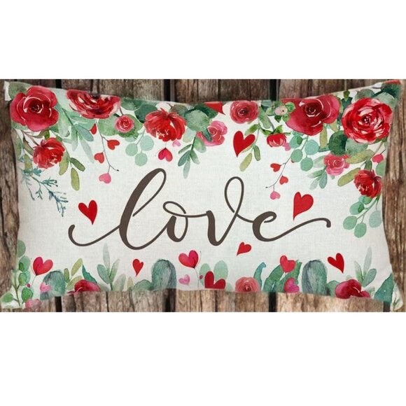 Floral Pillow Cover Valentines Day Decor Decorative Heart Accent Throw Case 20" - Picture 2 of 4